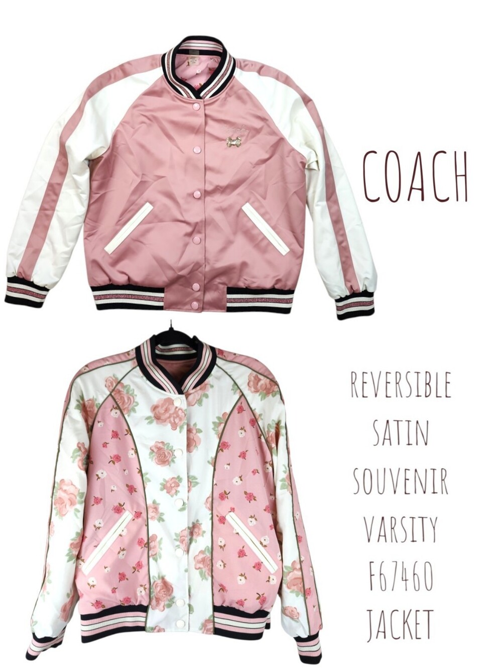 Coach Reversible Varsity Souvenir Jacket Women L Pink Floral Satin Bomber F67460